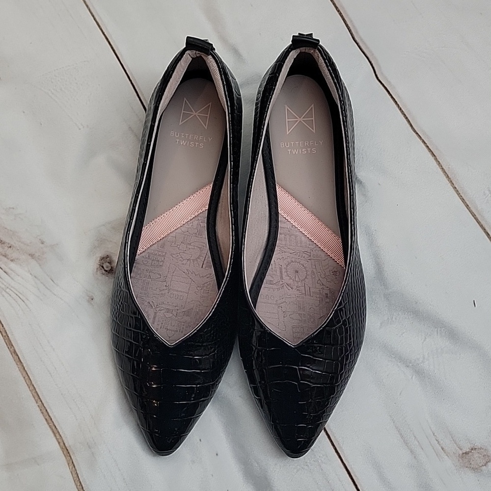 Butterfly Twists Paloma Black Patent Croc Vegan Leather Stunning Size 10 Heels